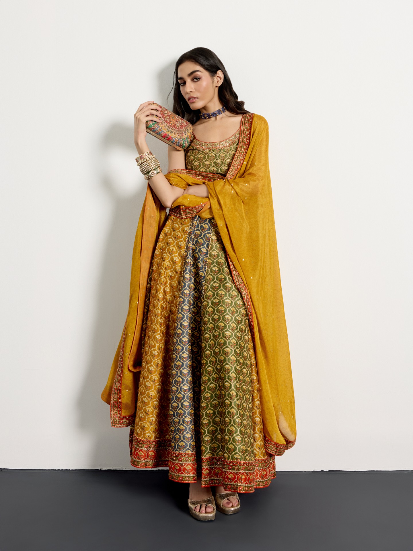 Khaki Mustard Mughal Buti Suit