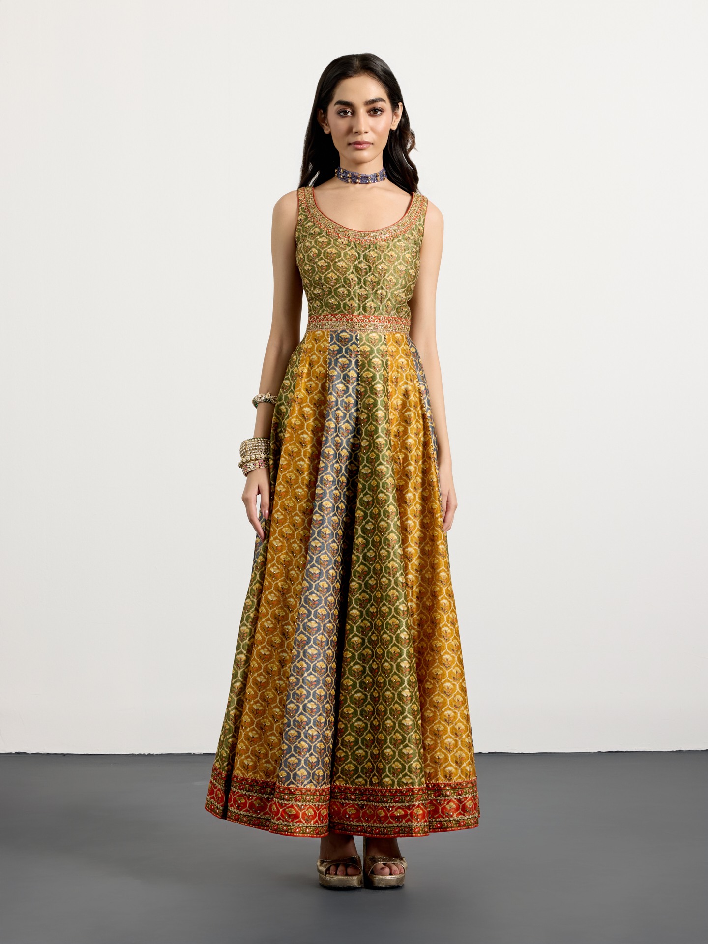 Khaki Mustard Mughal Buti Suit