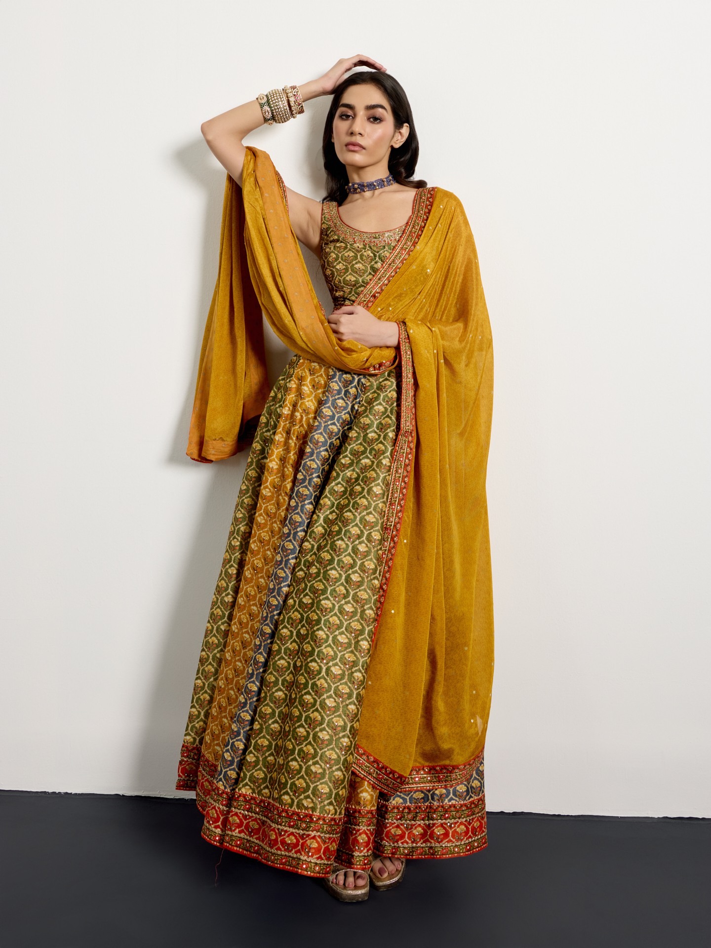 Khaki Mustard Mughal Buti Suit