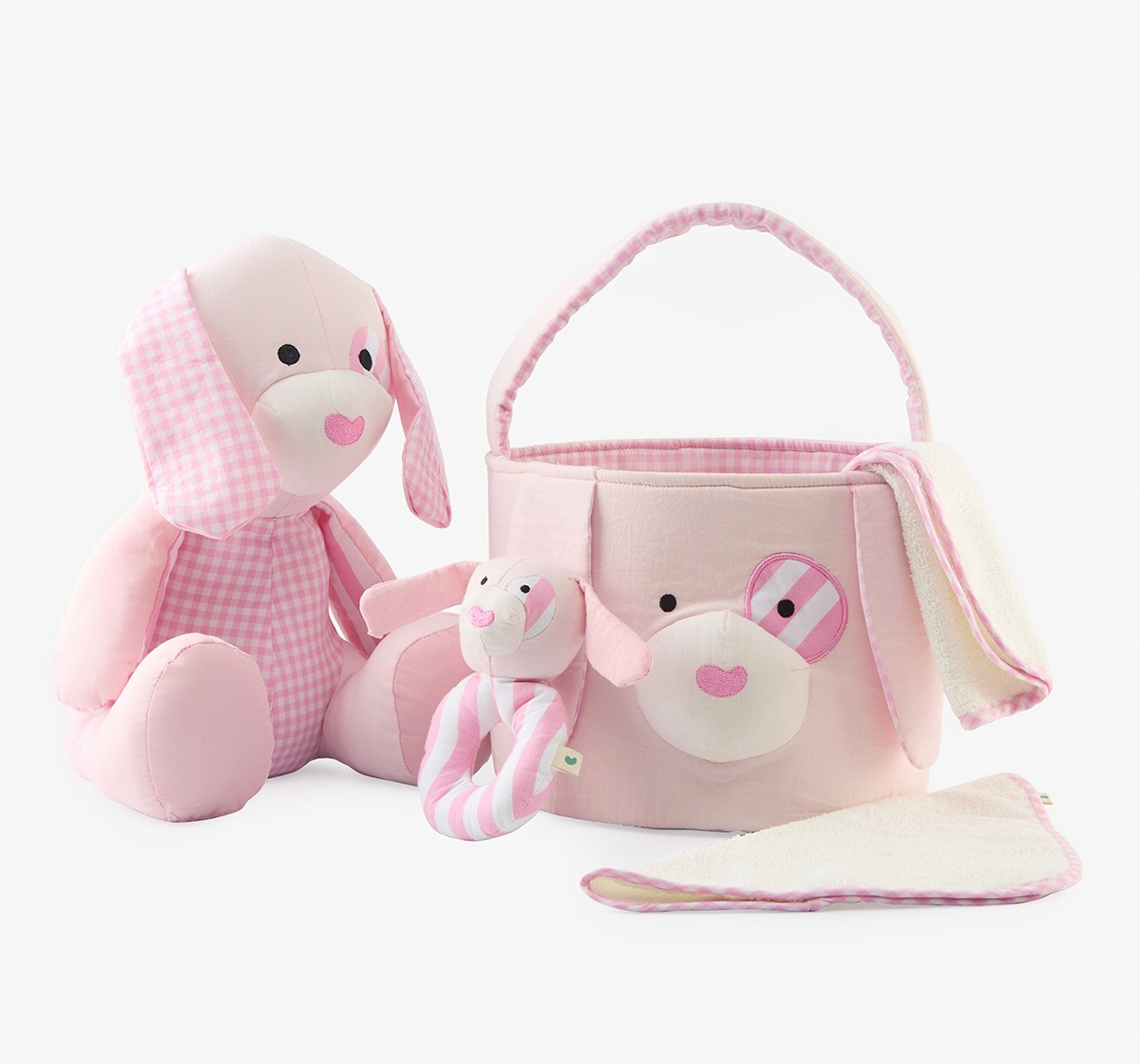 Basket, Puppy Toy, Rattle & Burp Cloth 4 Pcs Gift Sets