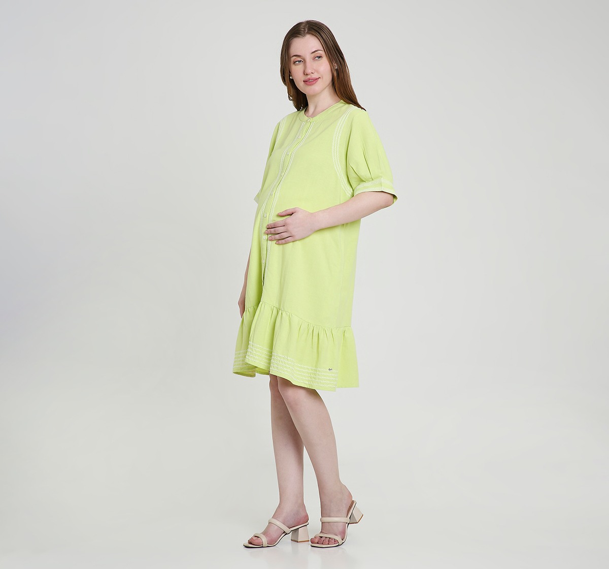 Maternity Dress Short Sleeves Embroidered Green