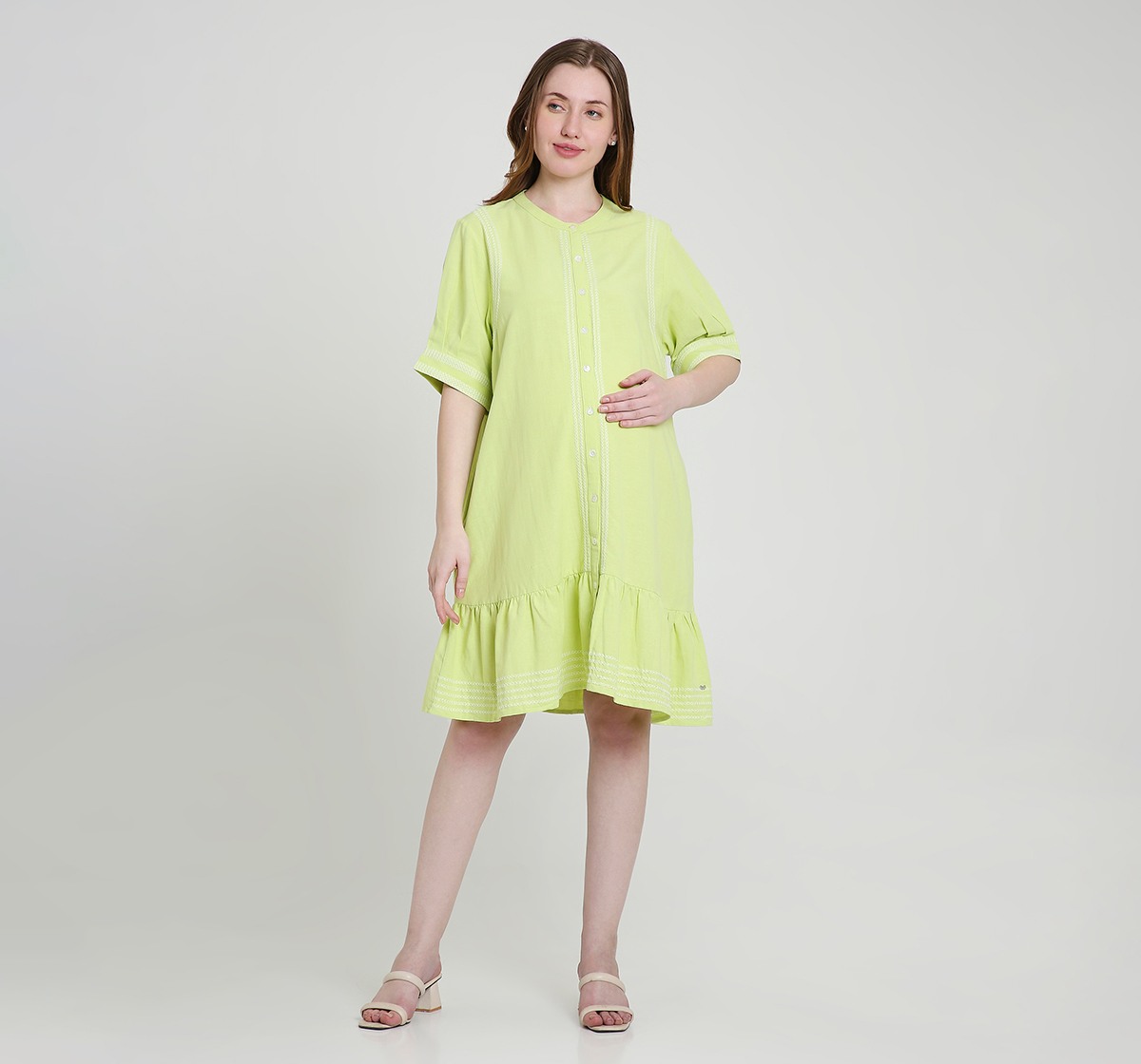 Maternity Dress Short Sleeves Embroidered Green