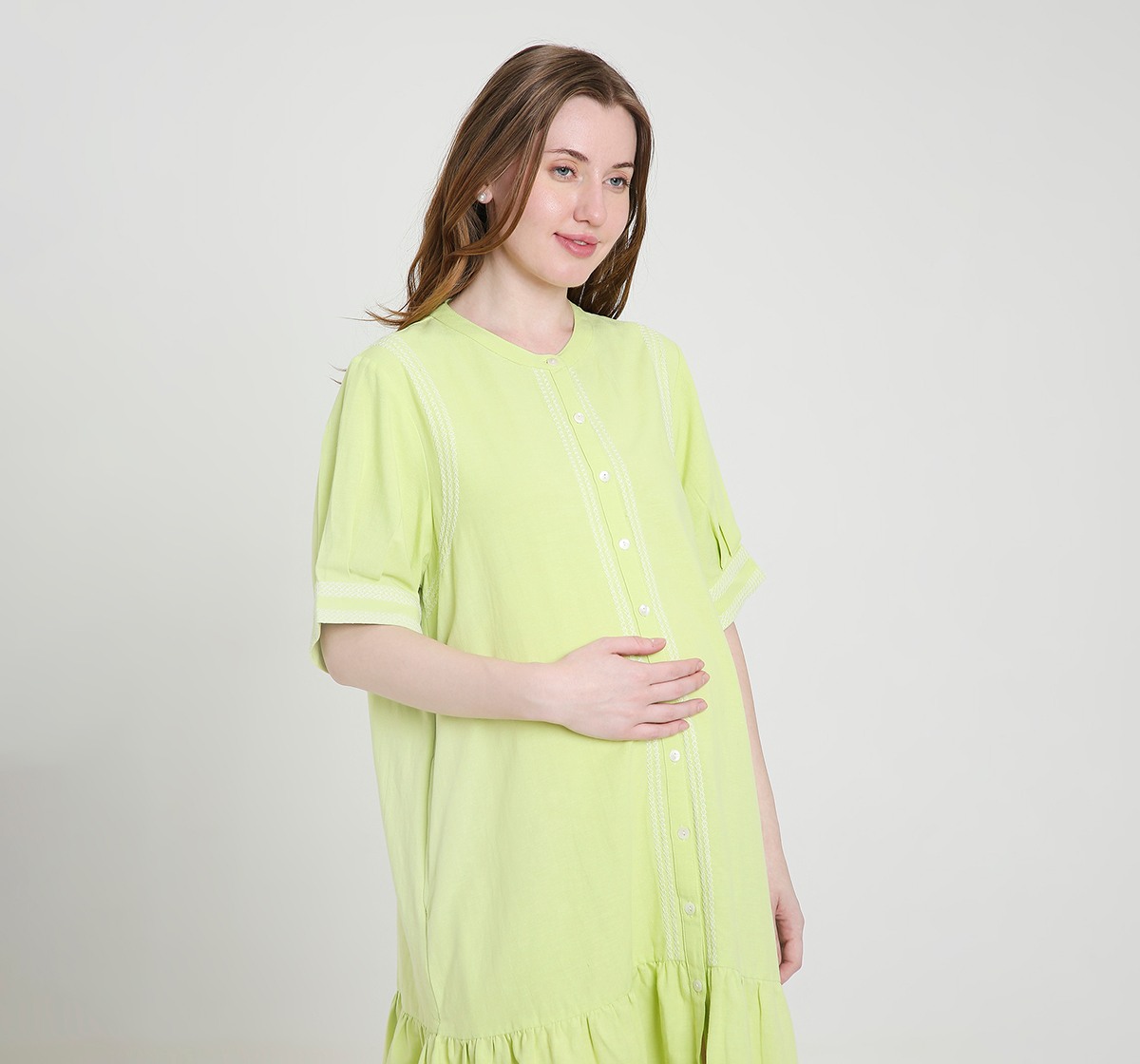 Maternity Dress Short Sleeves Embroidered Green