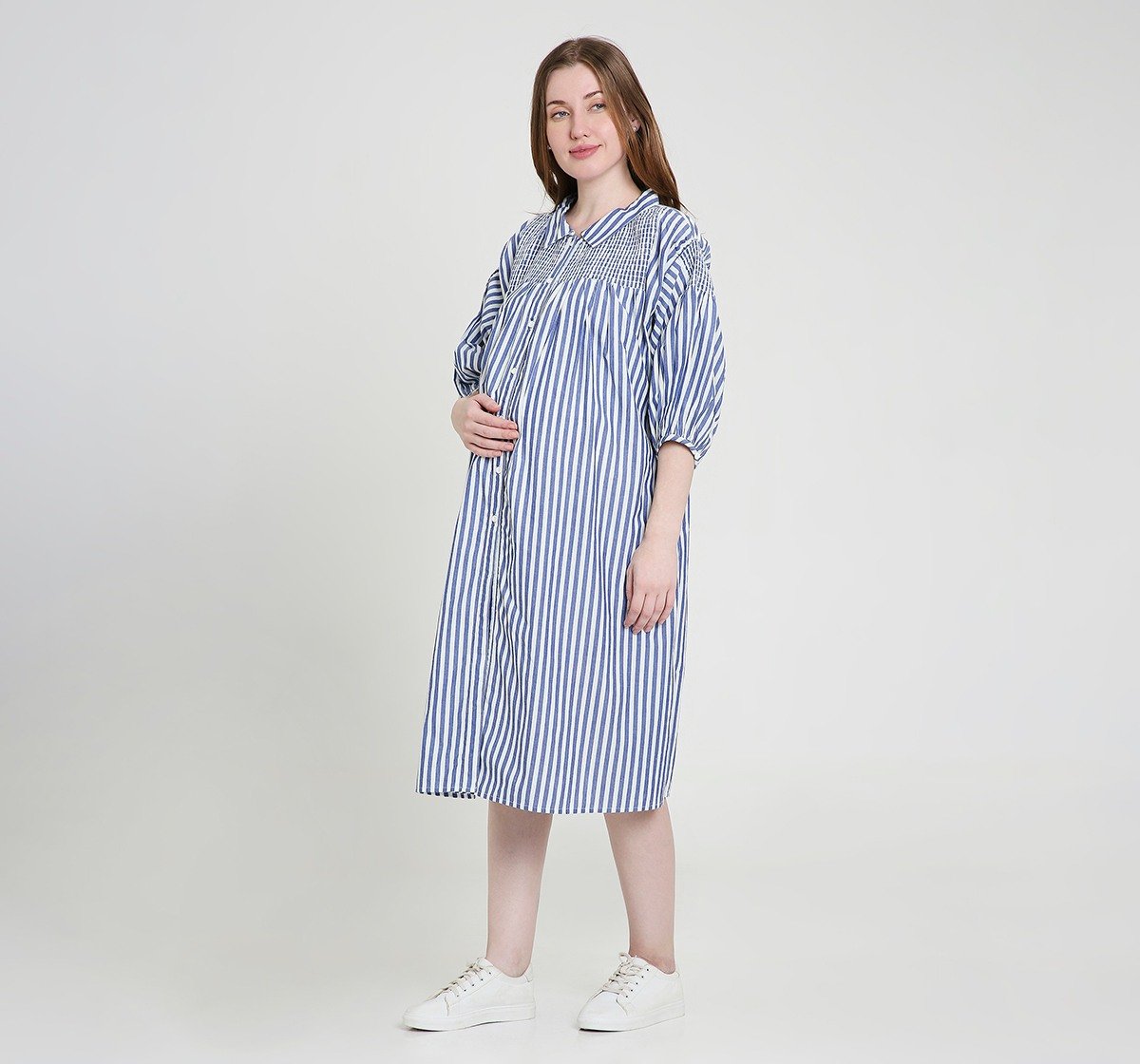 Maternity Dress 3/4 Sleeves Striped Blue