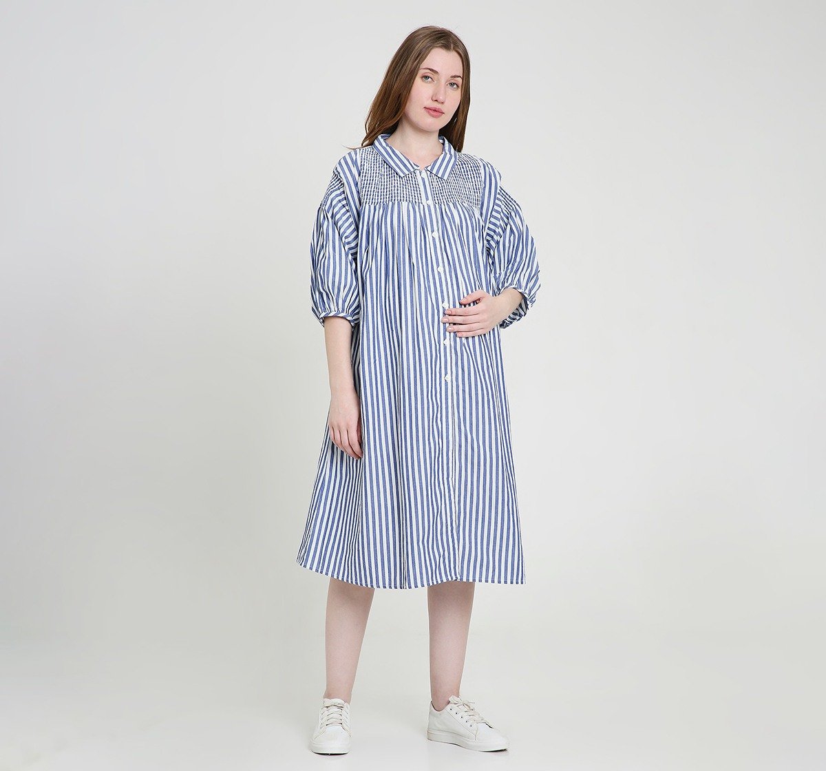 Maternity Dress 3/4 Sleeves Striped Blue