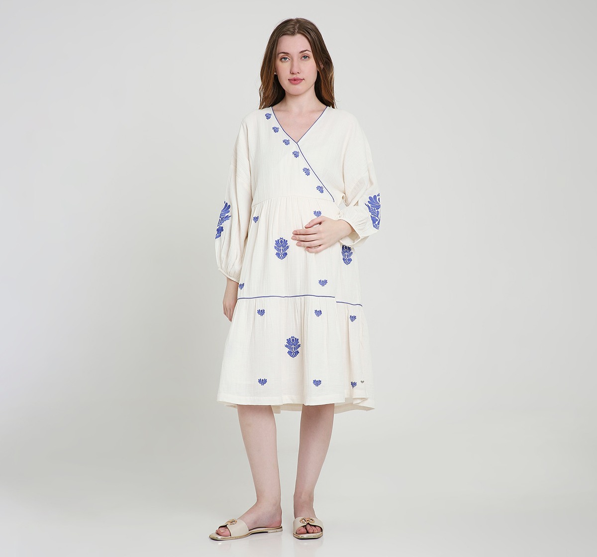 Maternity Dress Long Sleeves Embroidered Off White