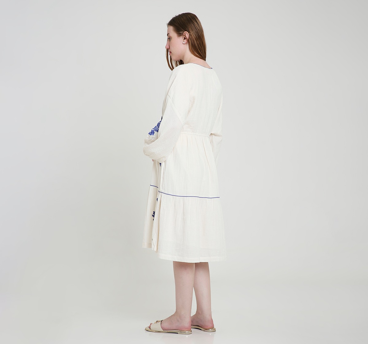 Maternity Dress Long Sleeves Embroidered Off White