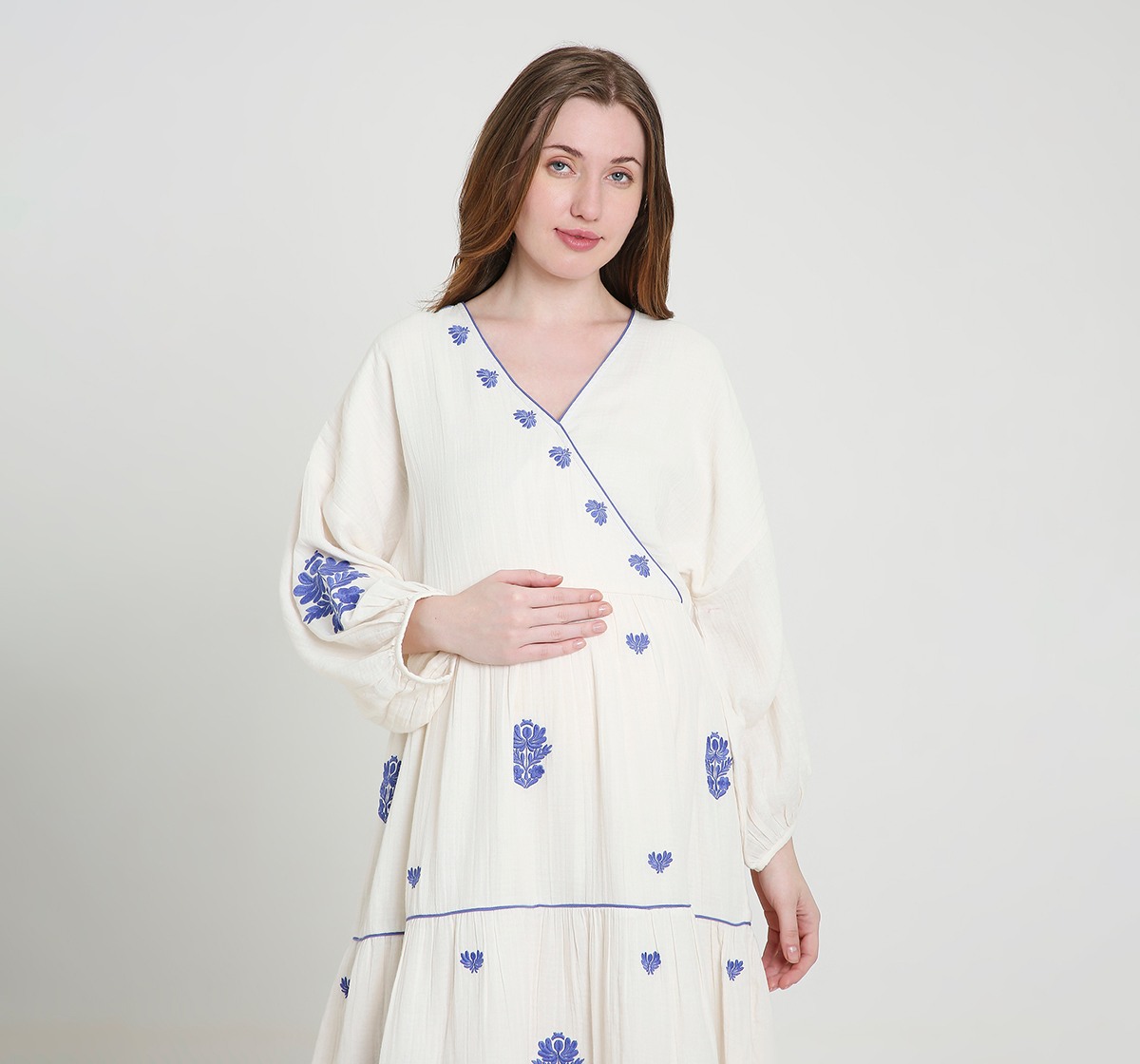 Maternity Dress Long Sleeves Embroidered Off White