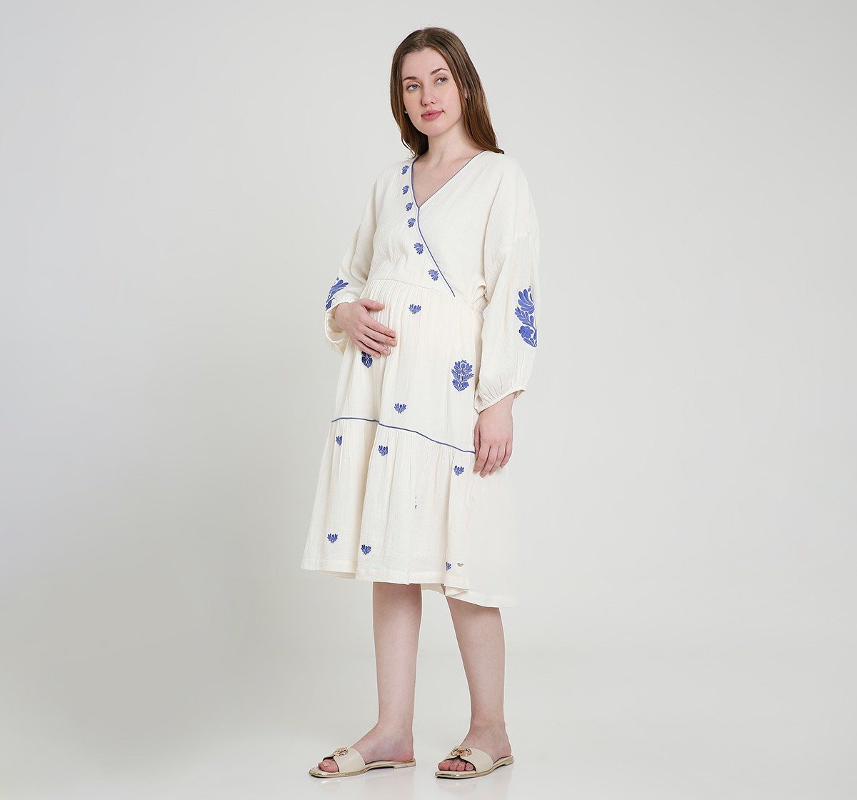 Maternity Dress Long Sleeves Embroidered Off White