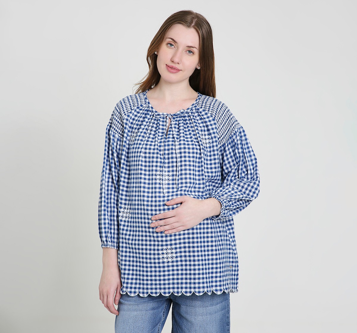Maternity Tops 3/4 Sleeves Checked Blue