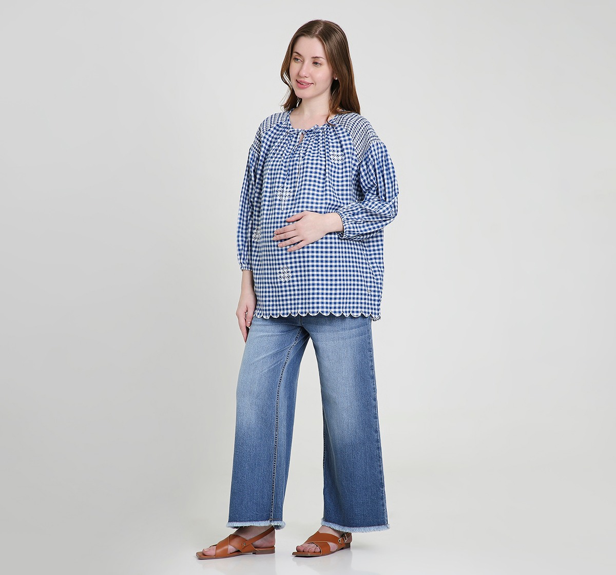 Maternity Tops 3/4 Sleeves Checked Blue