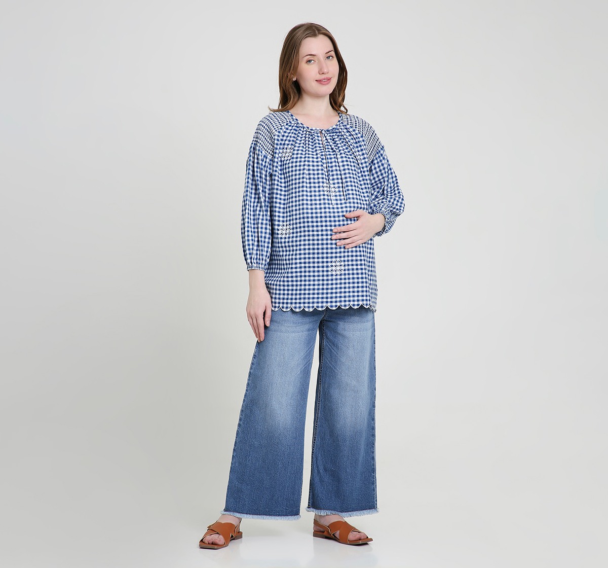 Maternity Tops 3/4 Sleeves Checked Blue