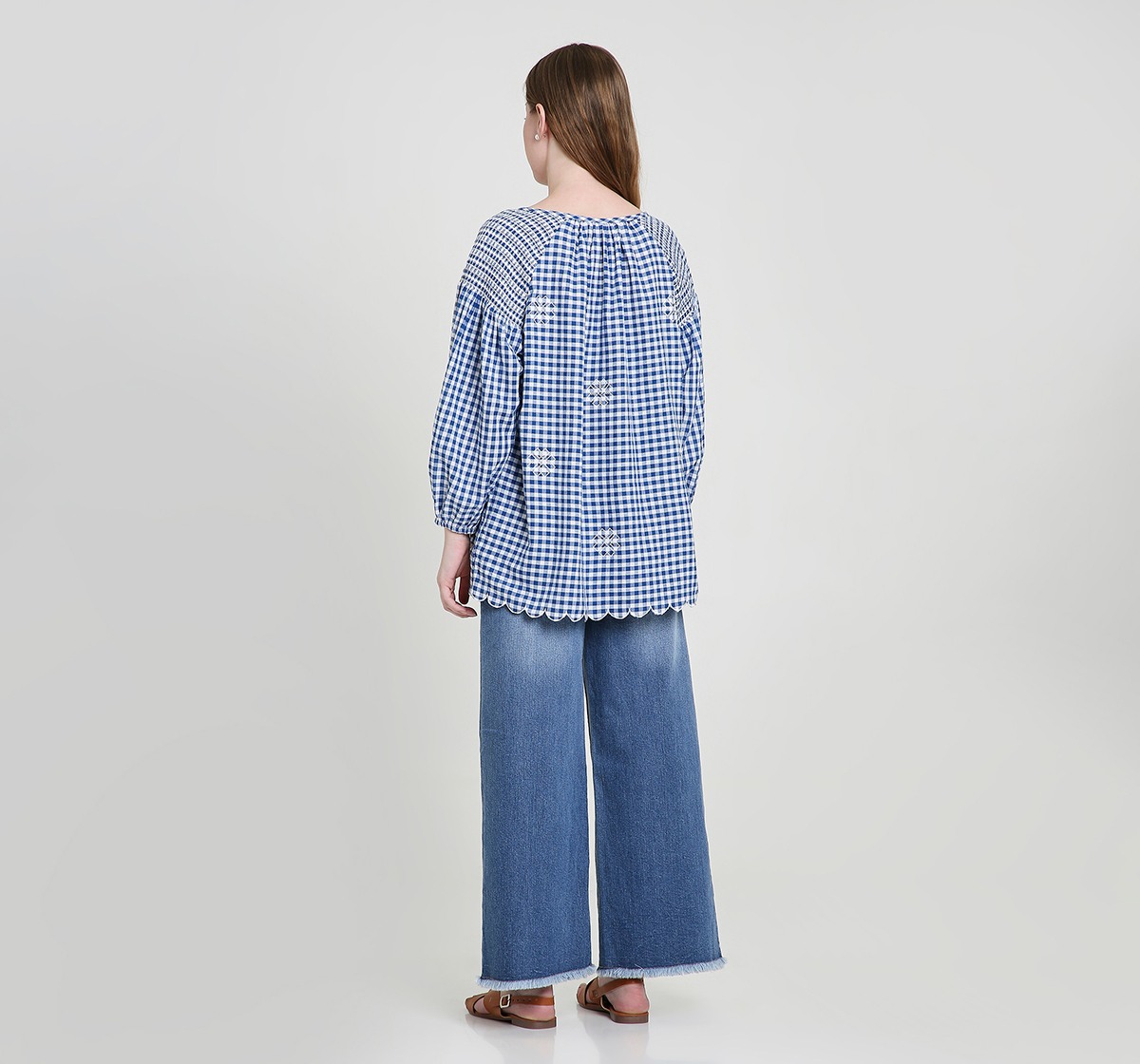 Maternity Tops 3/4 Sleeves Checked Blue