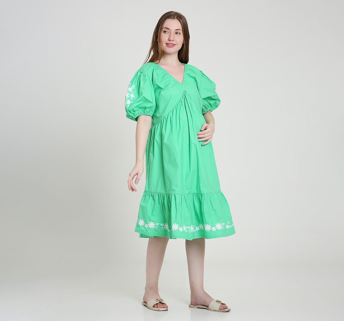 Maternity Dress Short Sleeves Embroidered Green