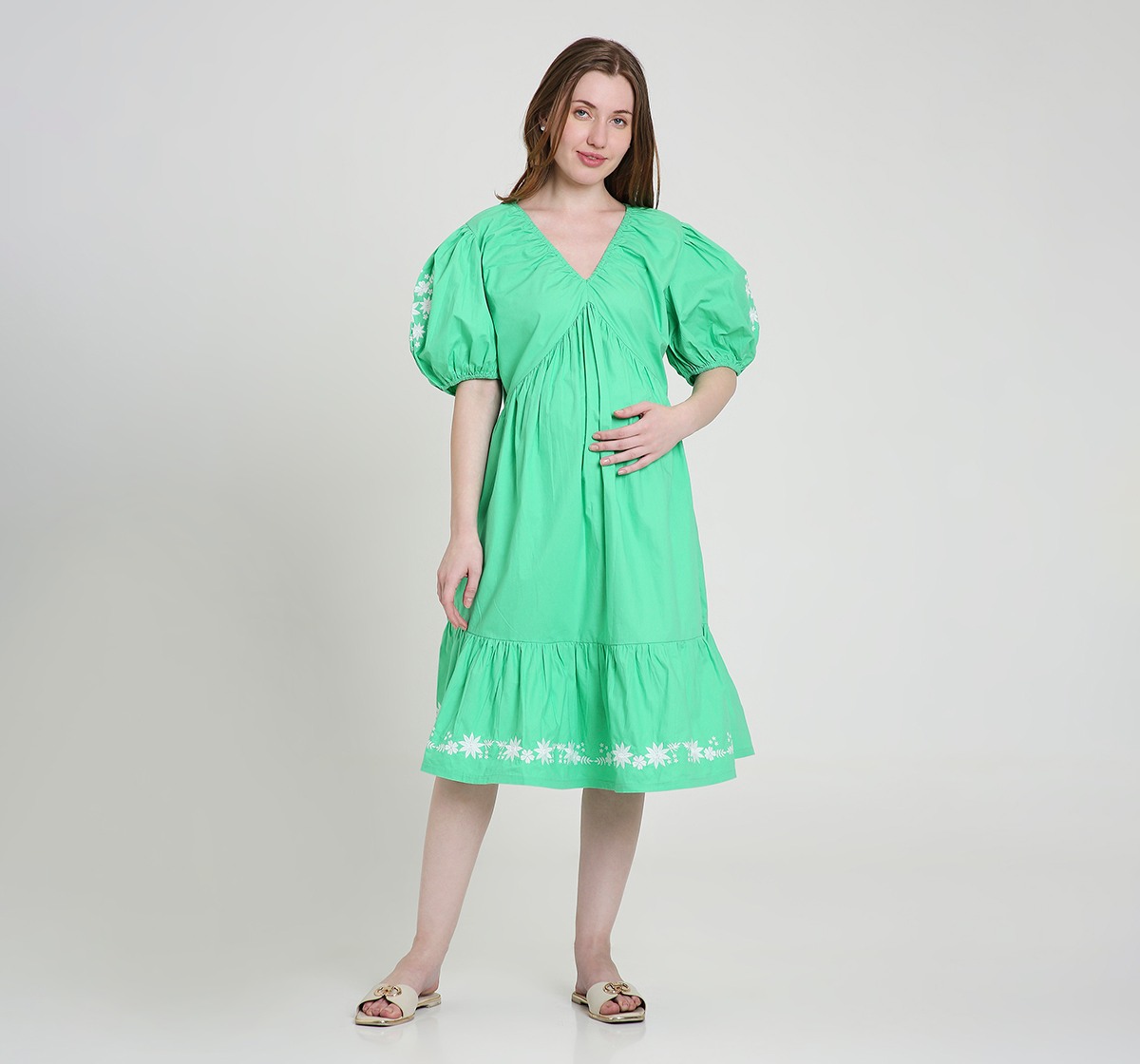 Maternity Dress Short Sleeves Embroidered Green