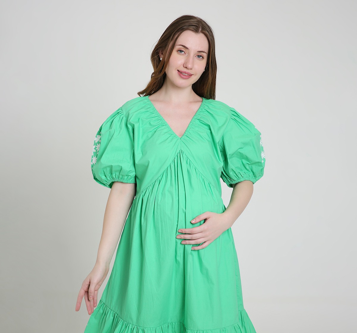 Maternity Dress Short Sleeves Embroidered Green