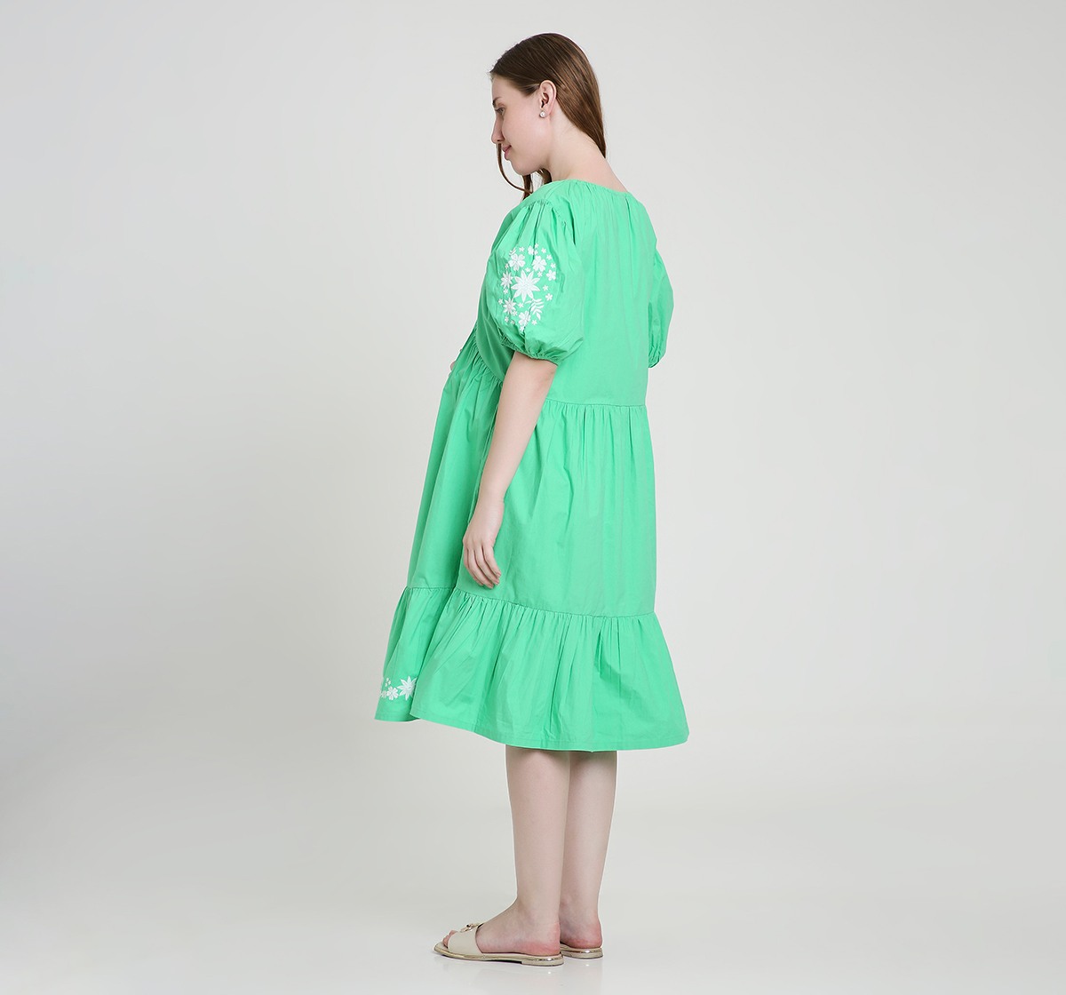 Maternity Dress Short Sleeves Embroidered Green
