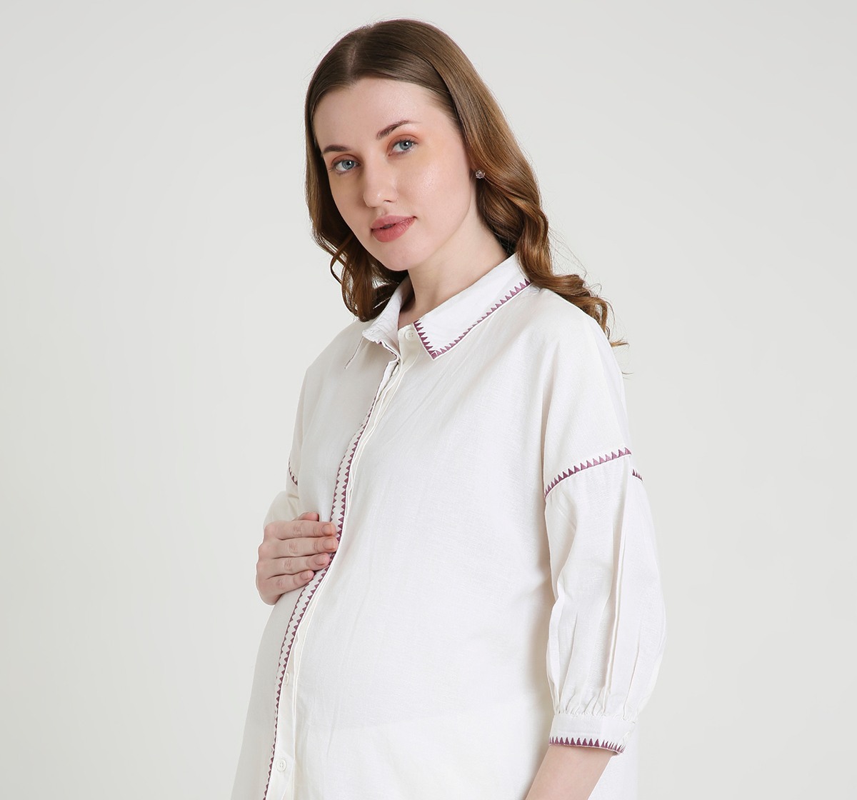 Maternity Clothing Sets 3/4 Sleeves Embroidered White