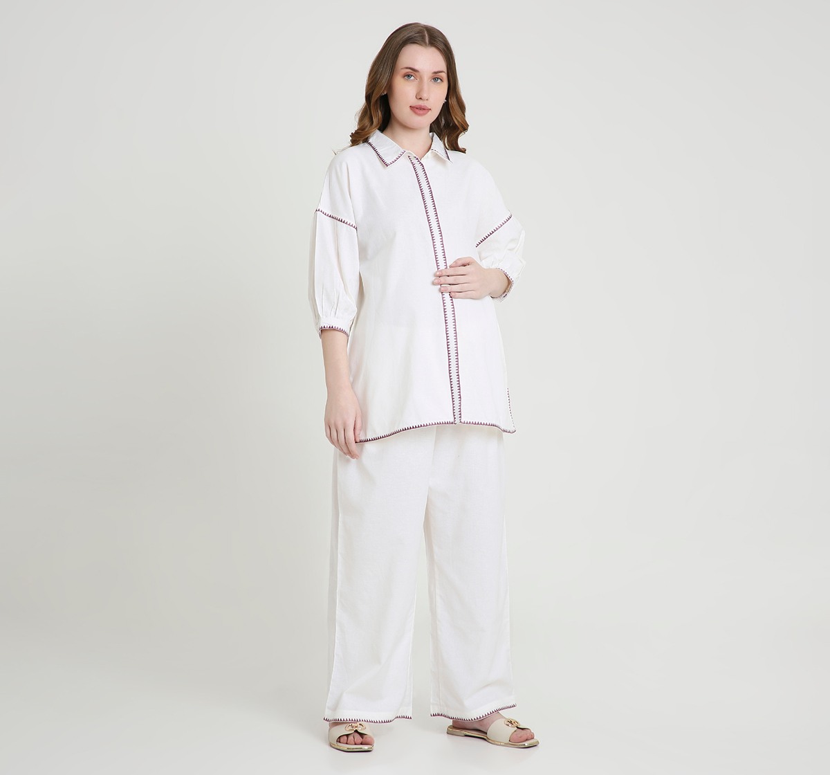 Maternity Clothing Sets 3/4 Sleeves Embroidered White