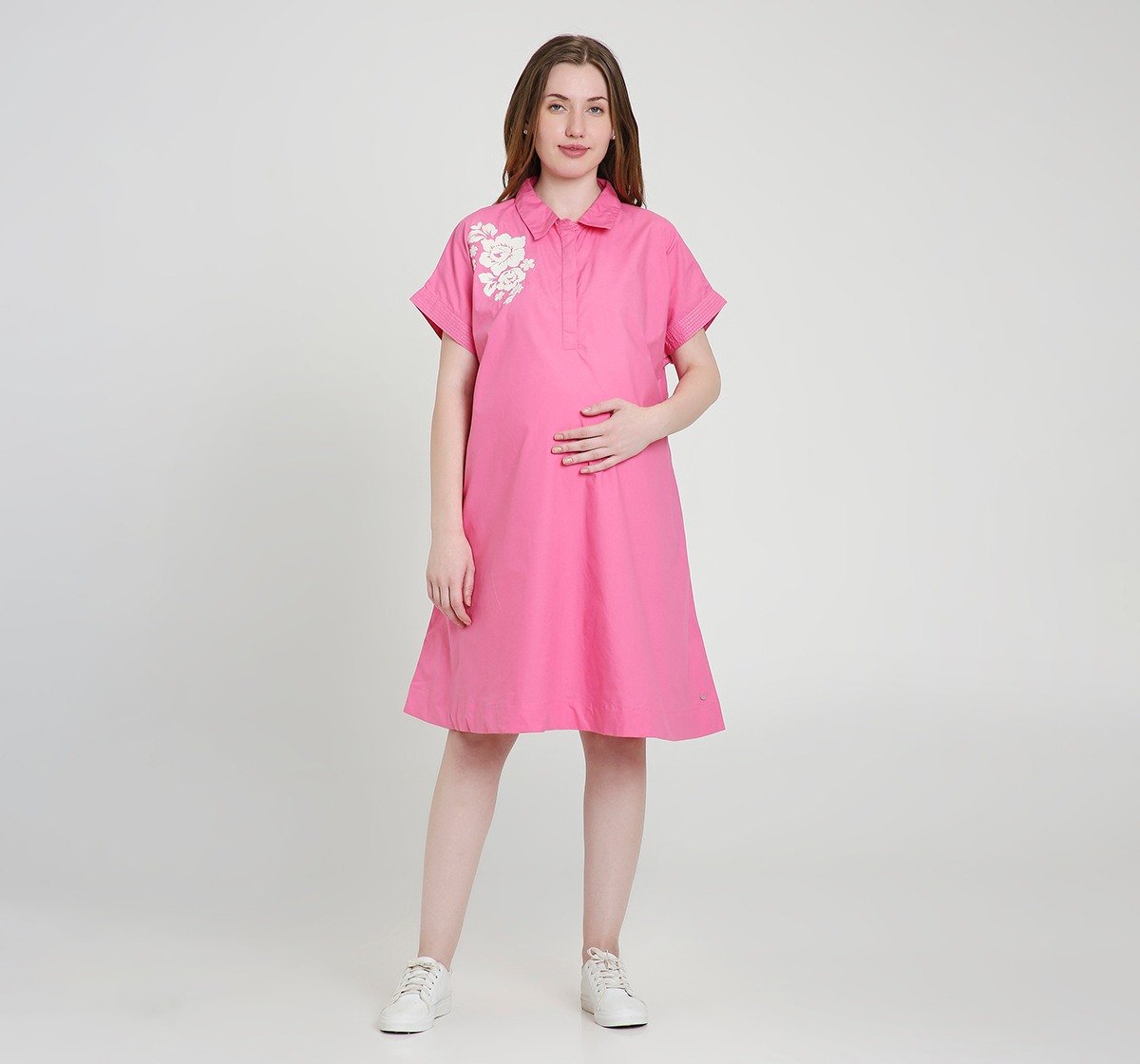 Maternity Dress Short Sleeves Embroidered Pink