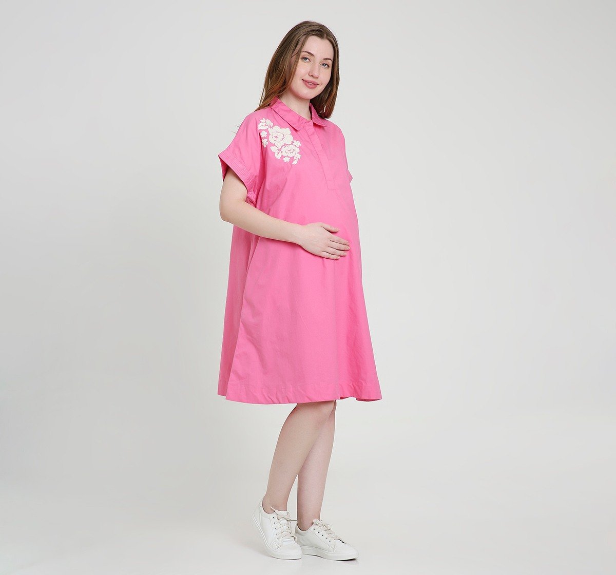 Maternity Dress Short Sleeves Embroidered Pink