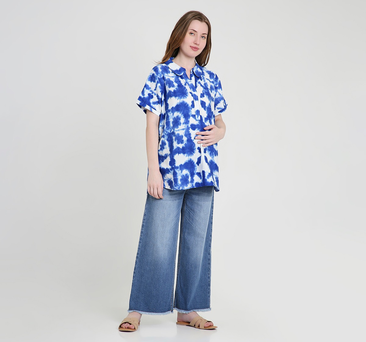 Maternity Tops Short Sleeves Tie and Dye Blue