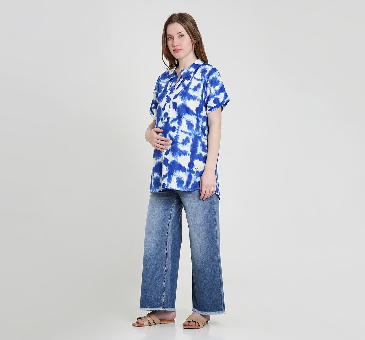 Maternity Tops Short Sleeves Tie and Dye Blue