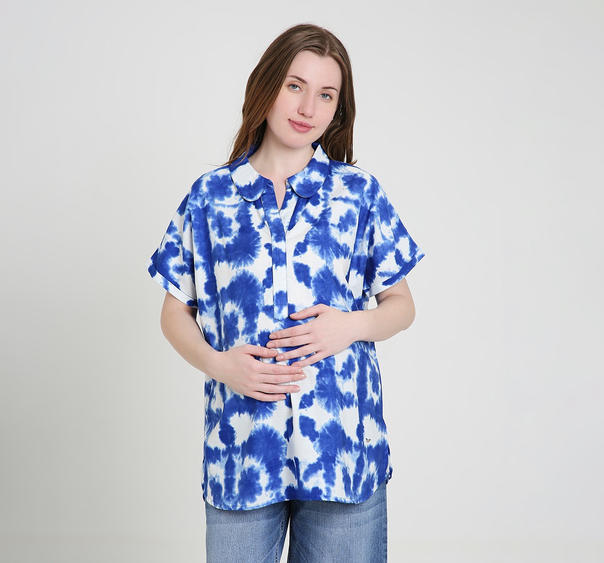 Maternity Tops Short Sleeves Tie and Dye Blue