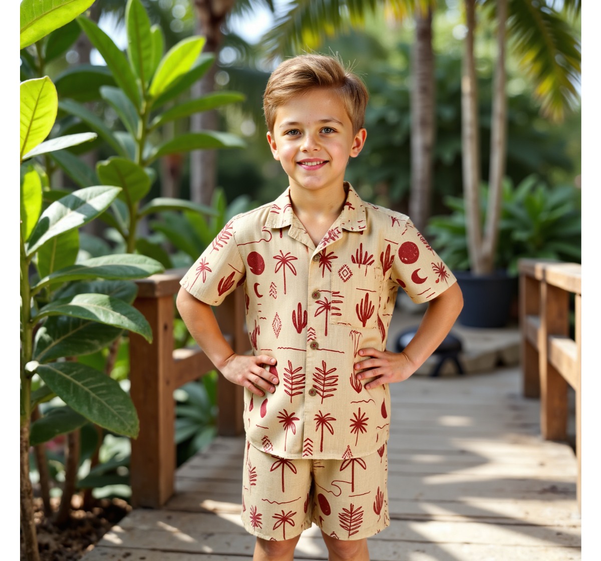 Boys Printed Shirt & Shorts Clothing Set Rust