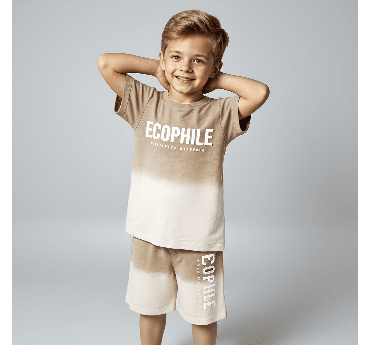 Boys printed t-shirt & shorts clothing sets Beige