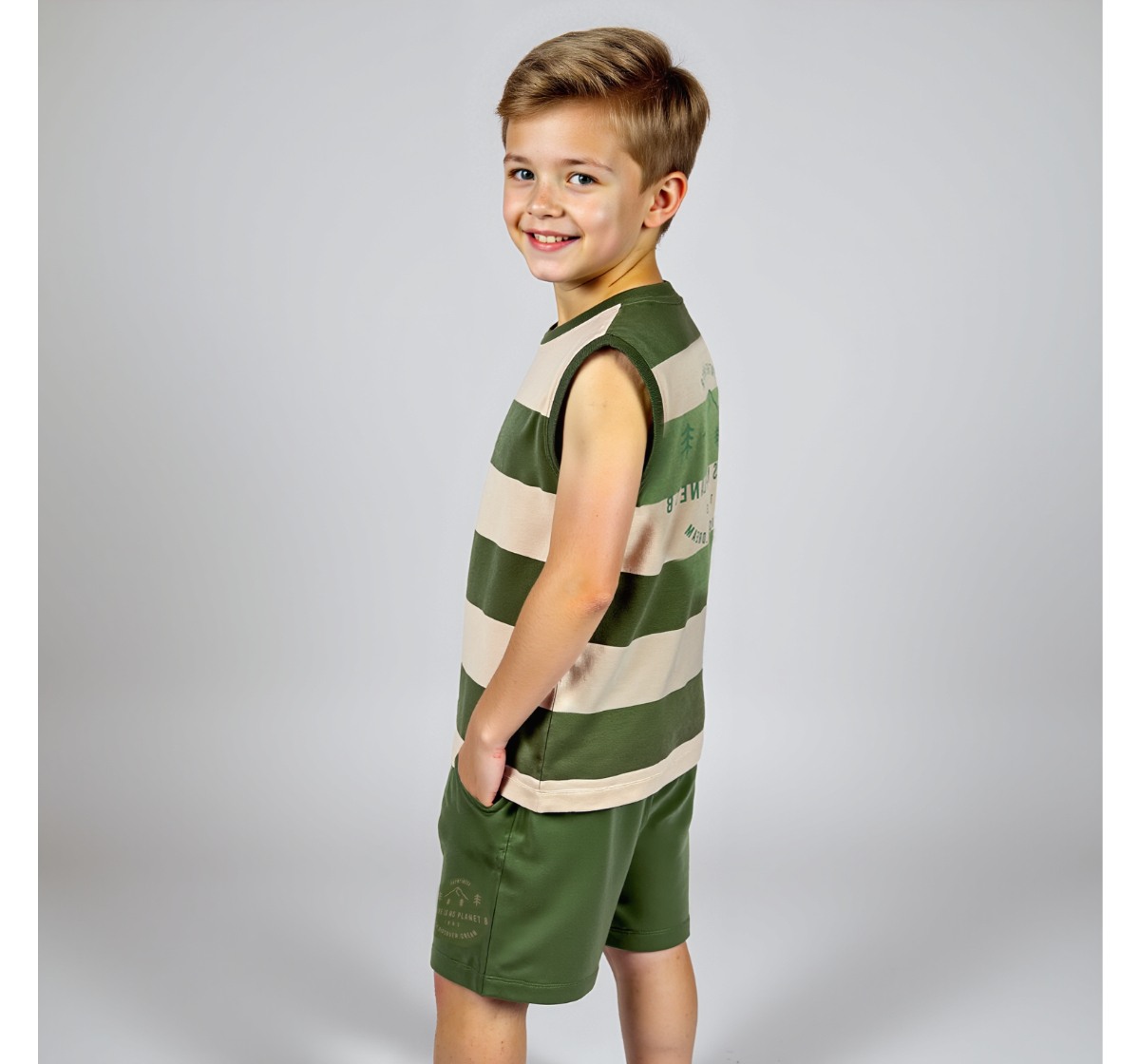 Boys Striped T-Shirt & Shorts Clothing Sets Olive