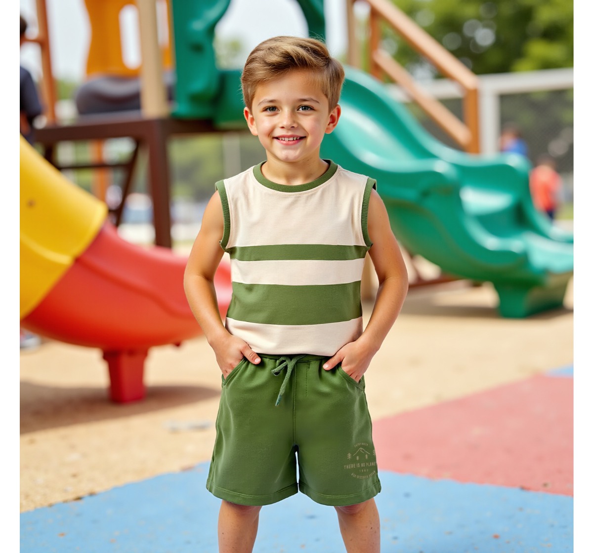 Boys Striped T-Shirt & Shorts Clothing Sets Olive