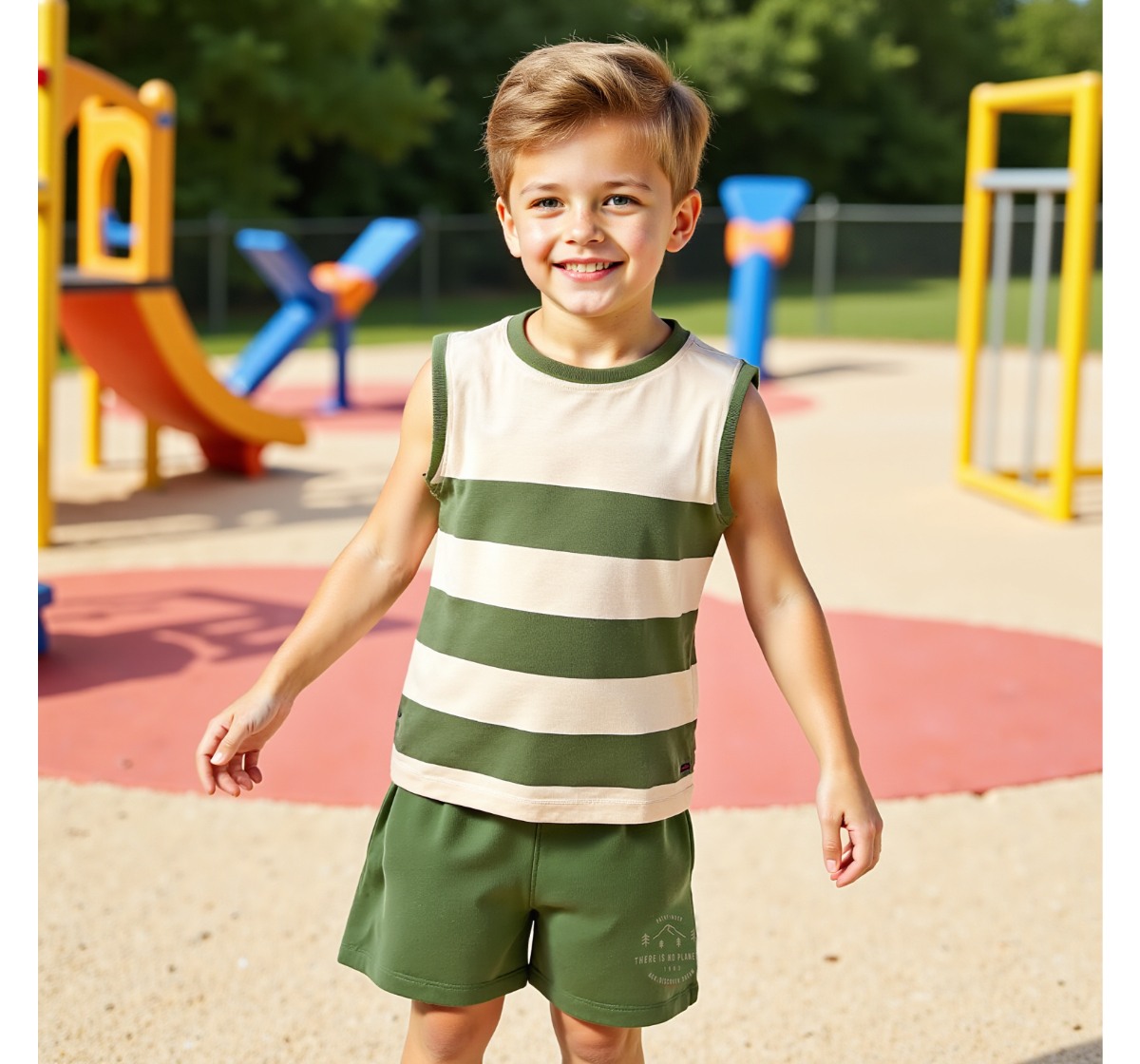 Boys Striped T-Shirt & Shorts Clothing Sets Olive