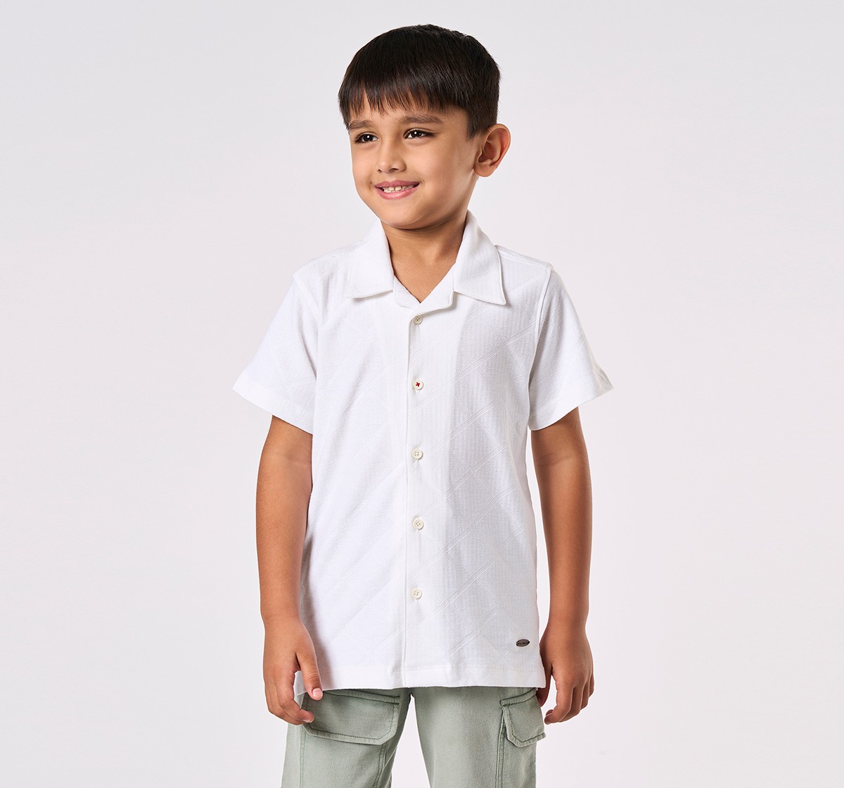 Boys' Textured White Short-Sleeve Cuban Collar Shirt