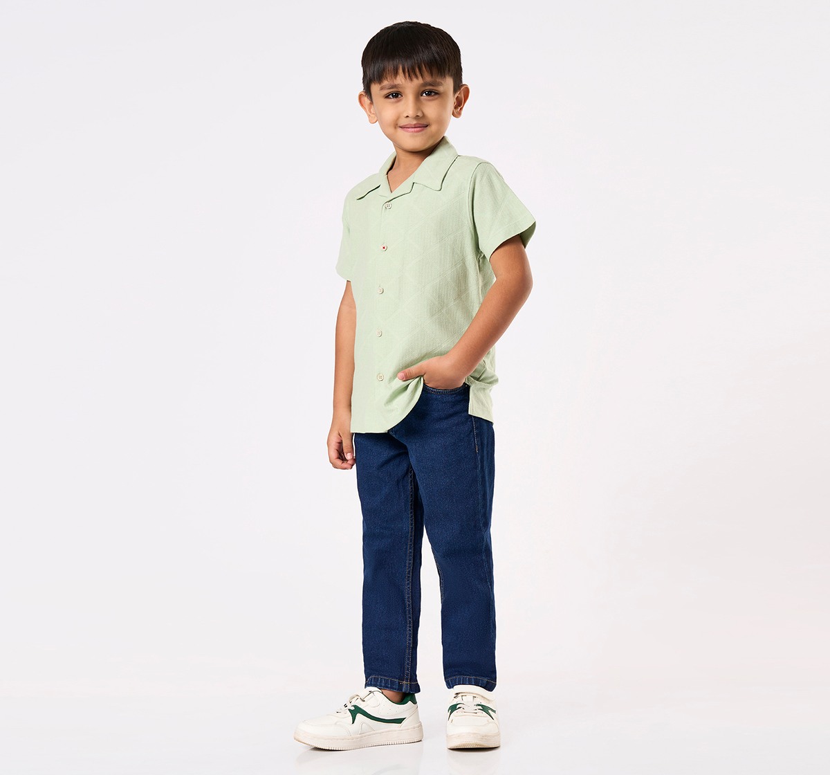 Boys' Sage Green Textured Cuban Collar Shirt