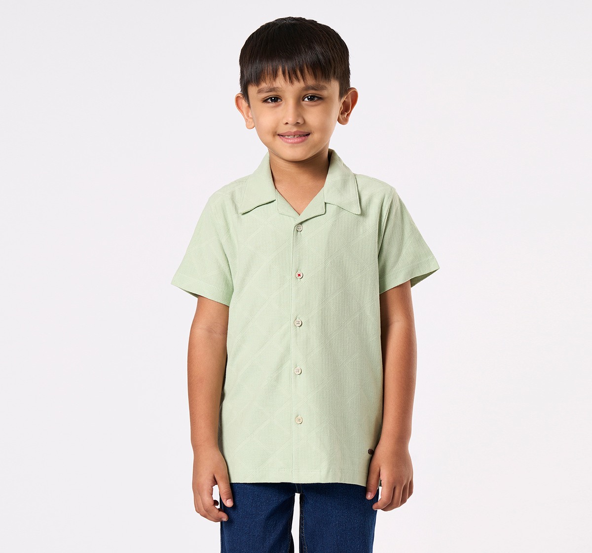 Boys' Sage Green Textured Cuban Collar Shirt