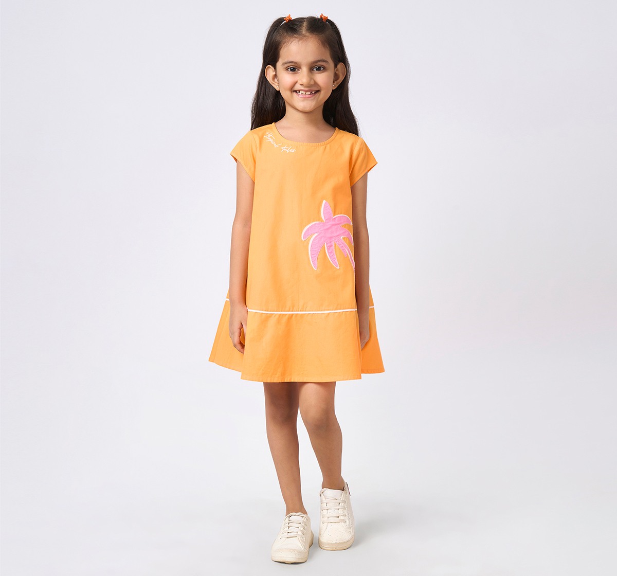 Girls Embroidered Short Sleeves Dress Orange
