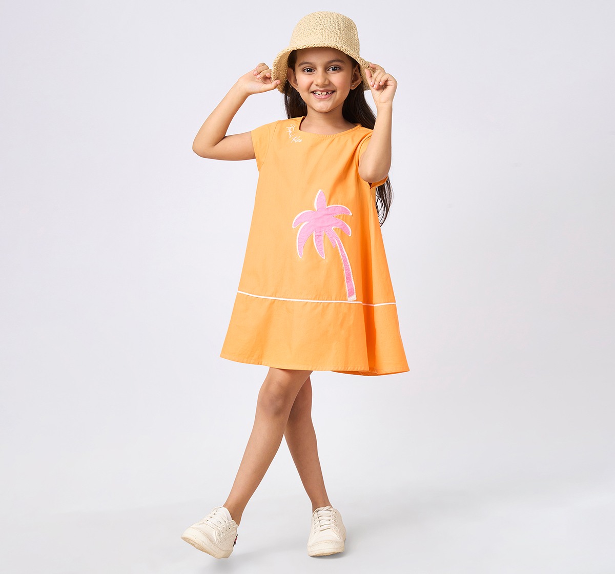 Girls Embroidered Short Sleeves Dress Orange