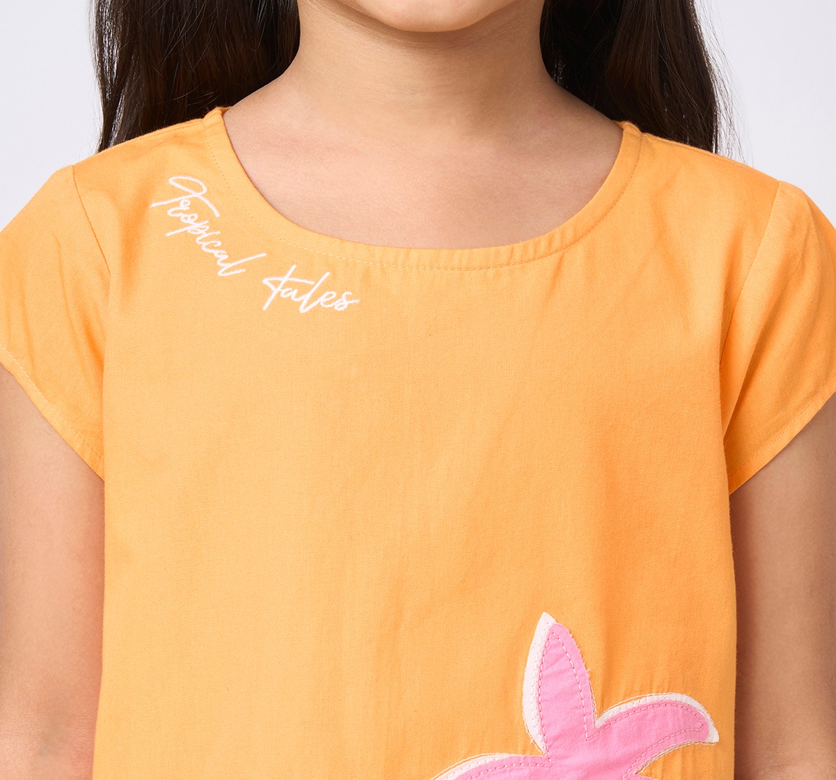 Girls Embroidered Short Sleeves Dress Orange