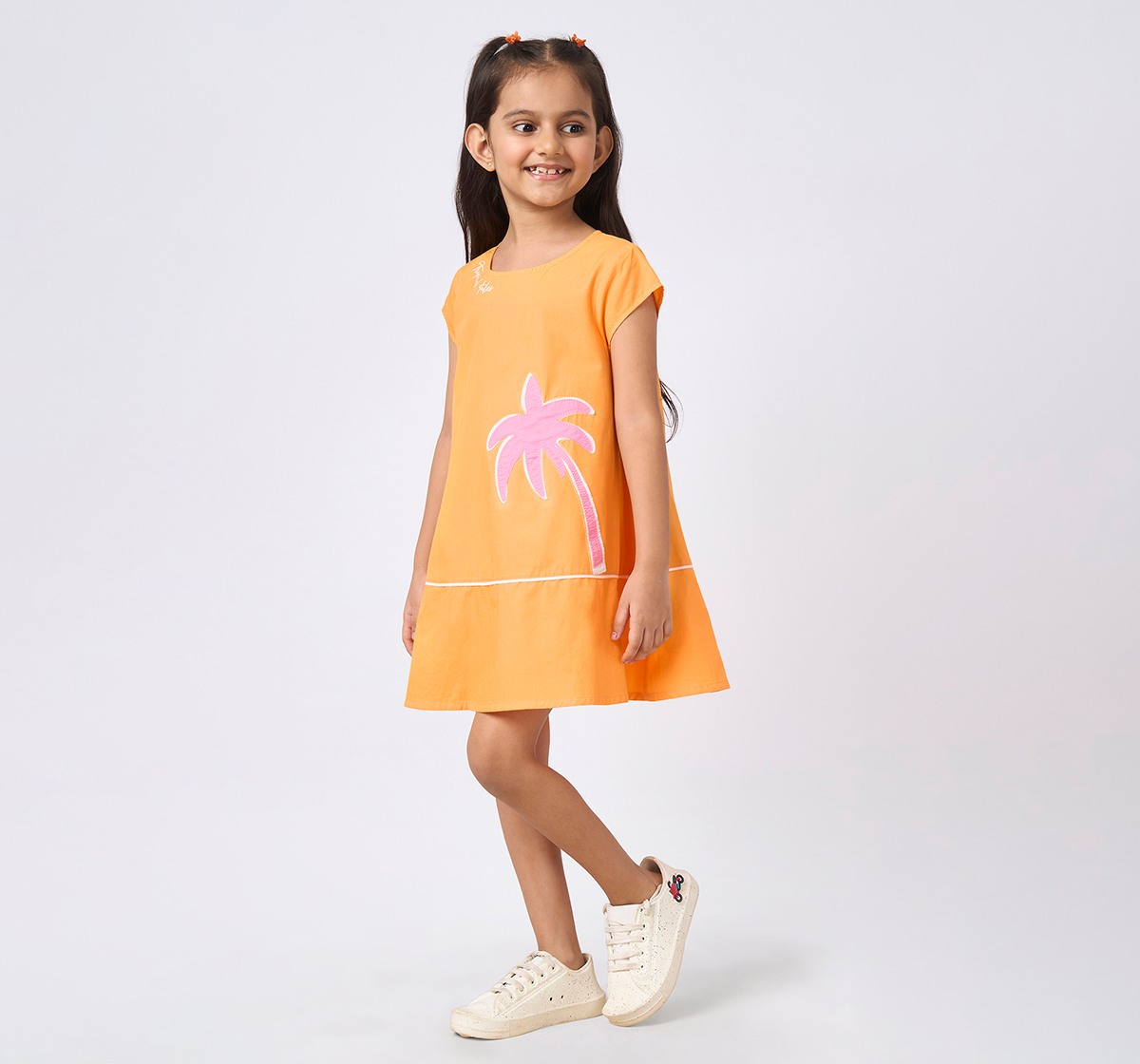 Girls Embroidered Short Sleeves Dress Orange