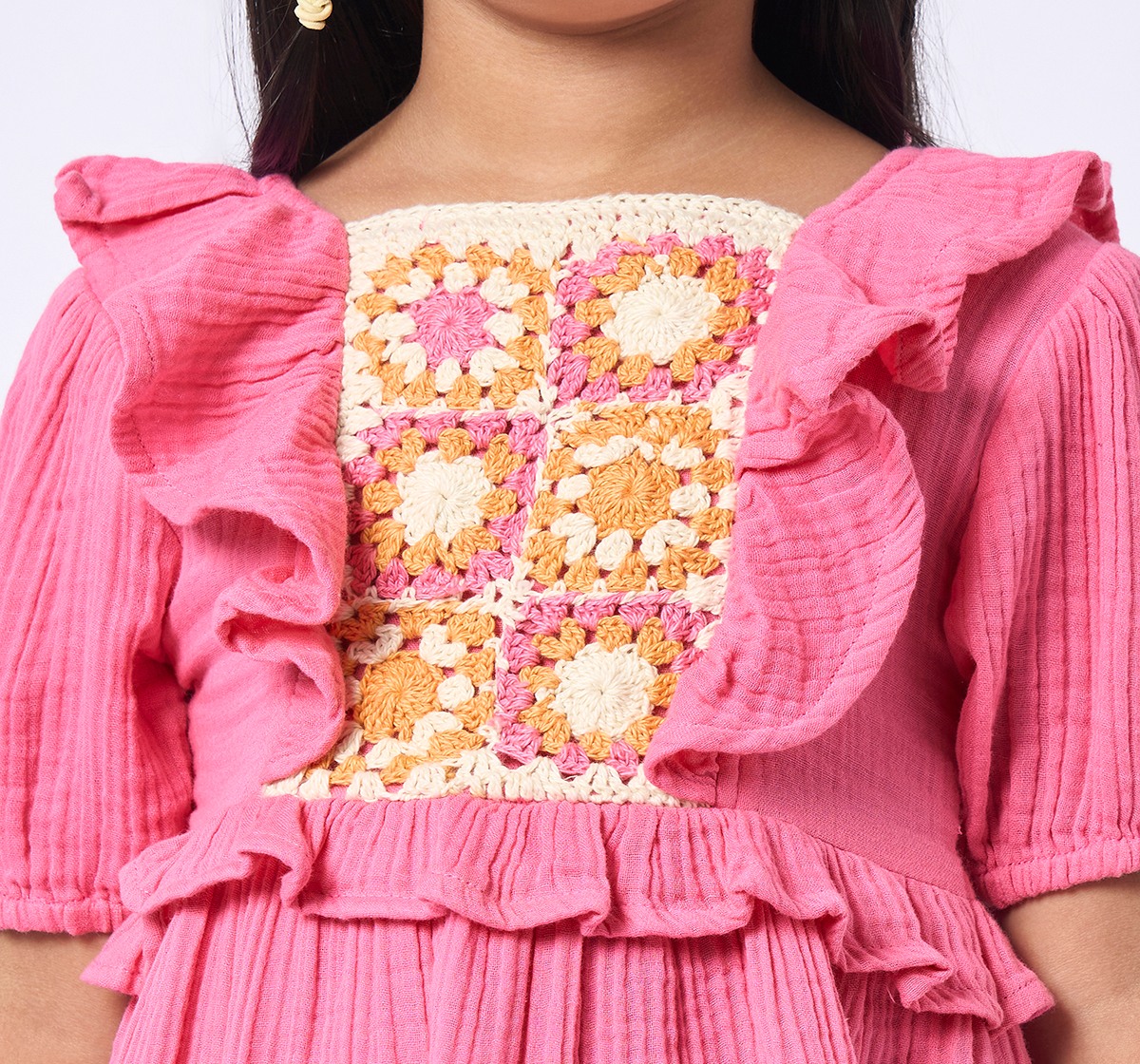 Girls above knee length dress with crochet pan Pink