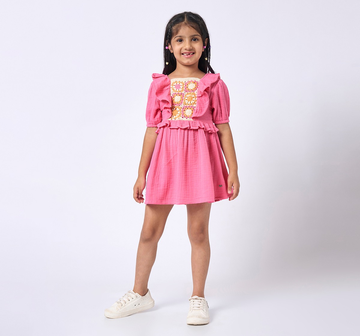 Girls above knee length dress with crochet pan Pink