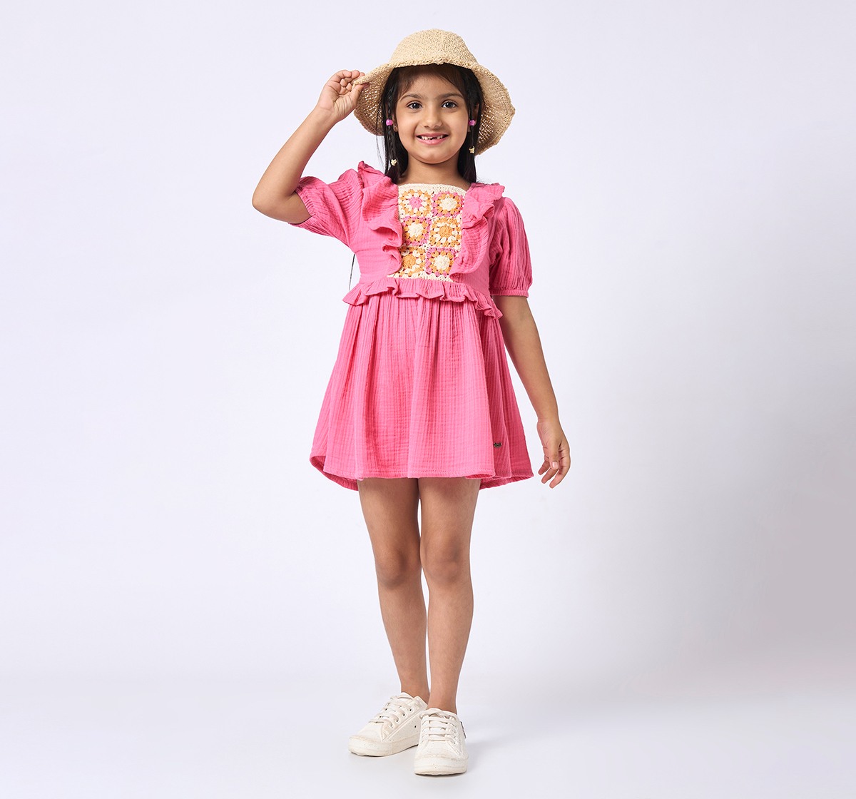 Girls above knee length dress with crochet pan Pink