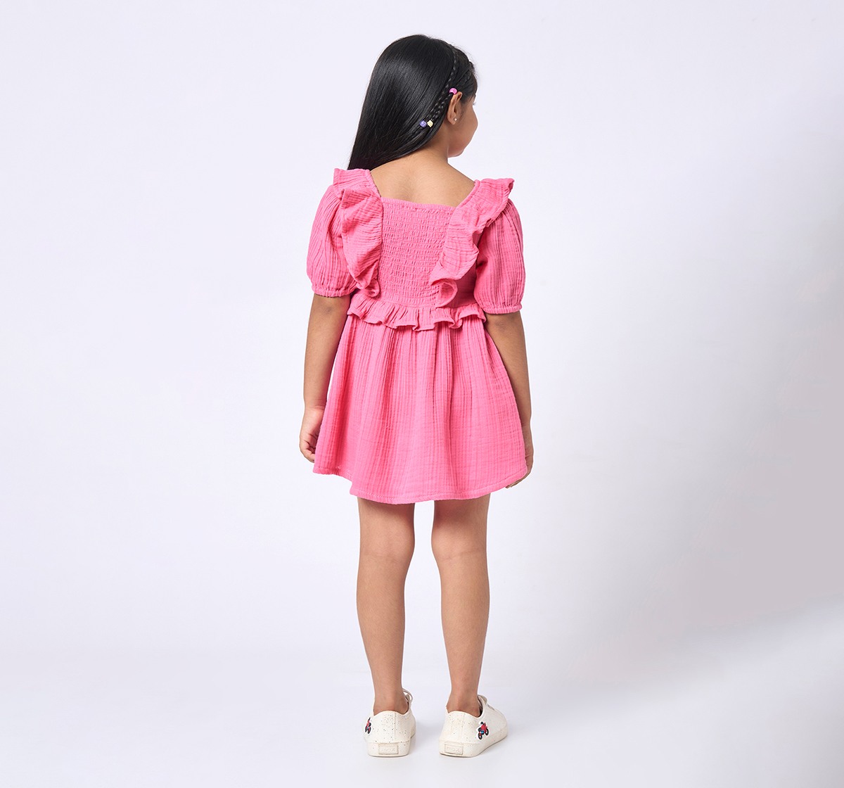 Girls above knee length dress with crochet pan Pink