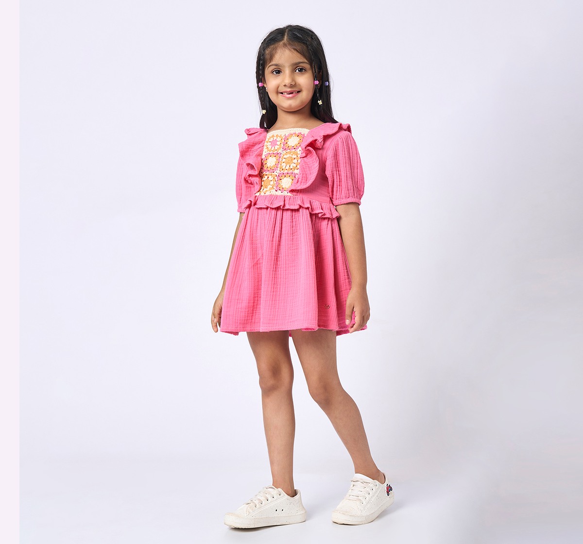 Girls above knee length dress with crochet pan Pink