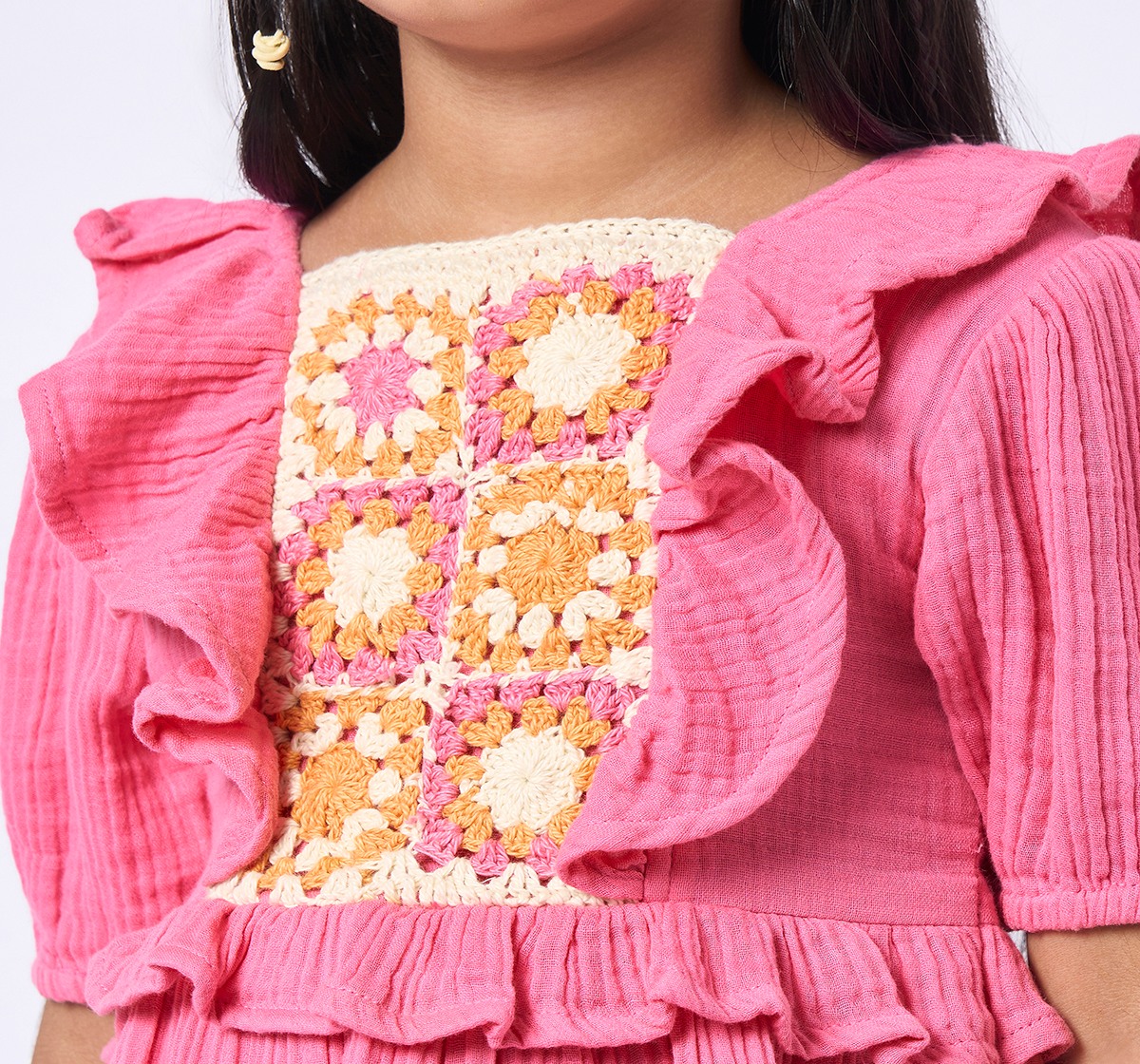 Girls above knee length dress with crochet pan Pink