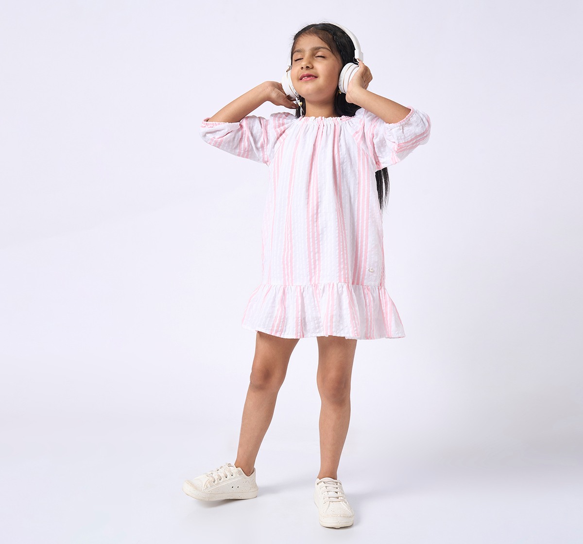 Girls striped 3/4 sleeves dress Multicolor