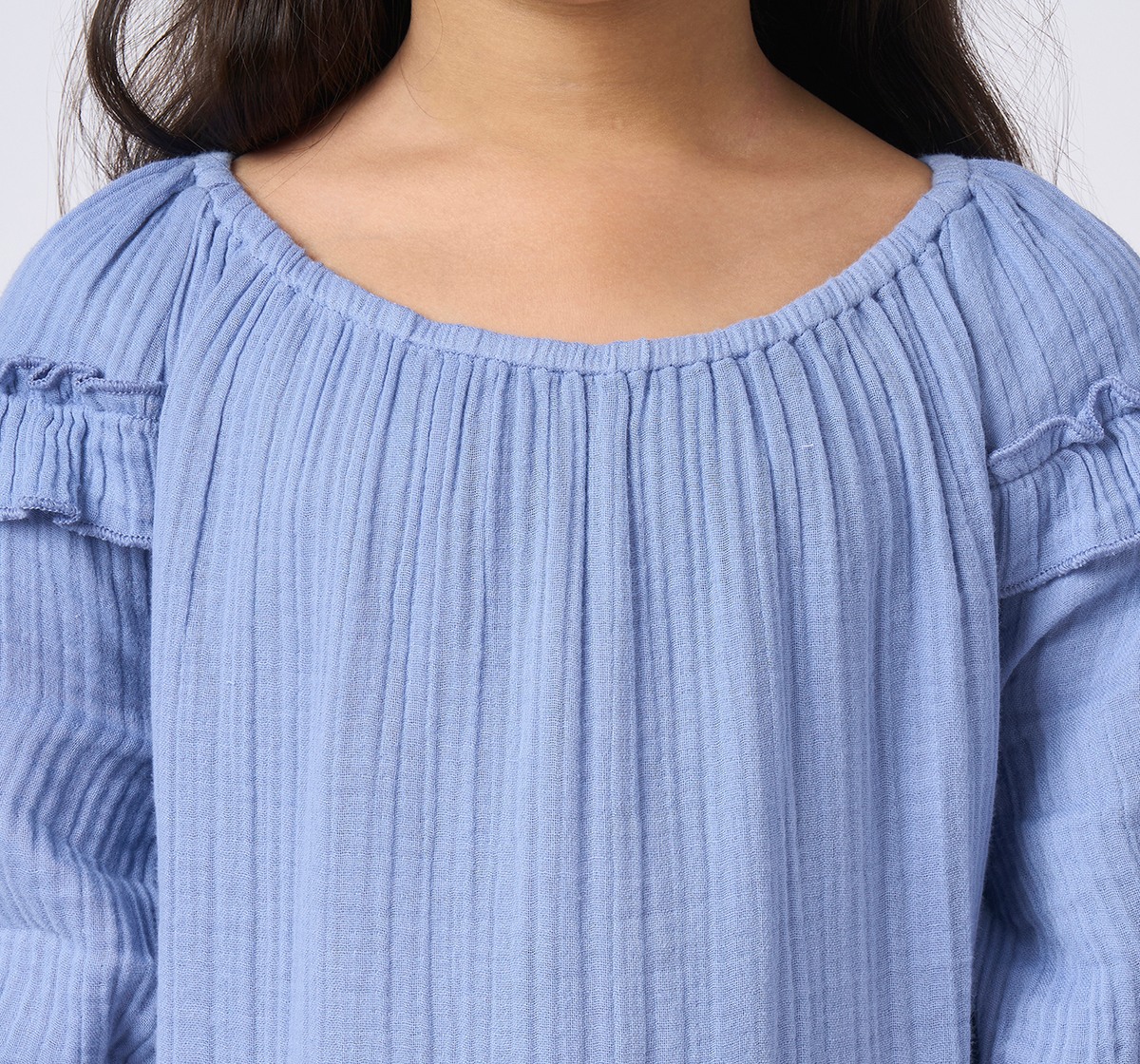 Girls Embroidered Long Sleeves Dress Blue