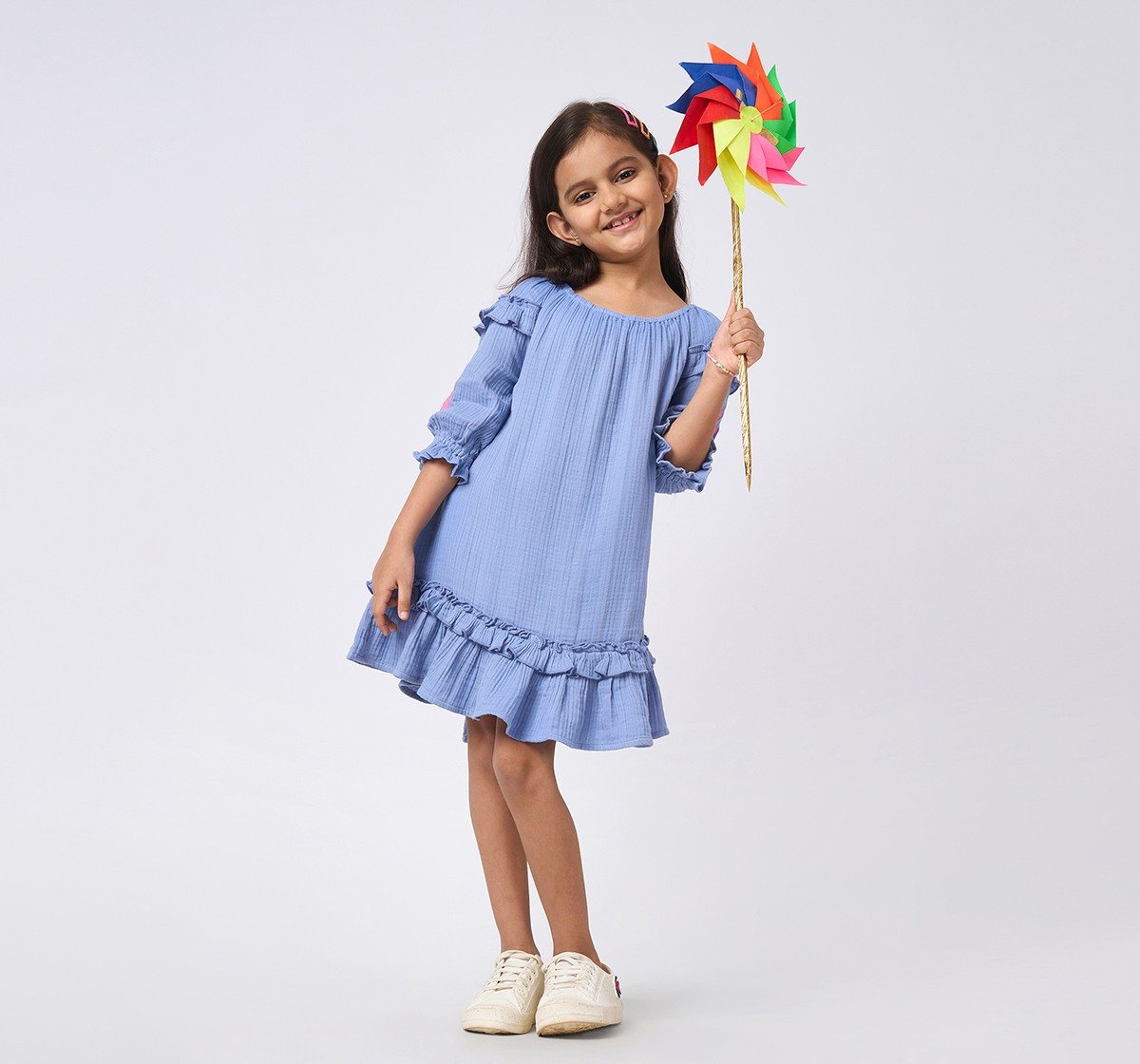 Girls Embroidered Long Sleeves Dress Blue