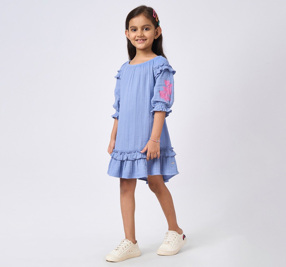 Girls Embroidered Long Sleeves Dress Blue